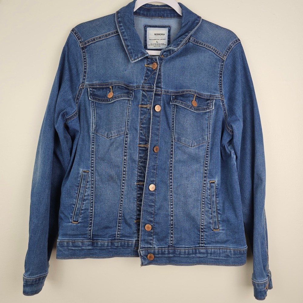 Sonoma Jean Jacket Women Large Blue The Everyday Jacket Denim Stretch Classic